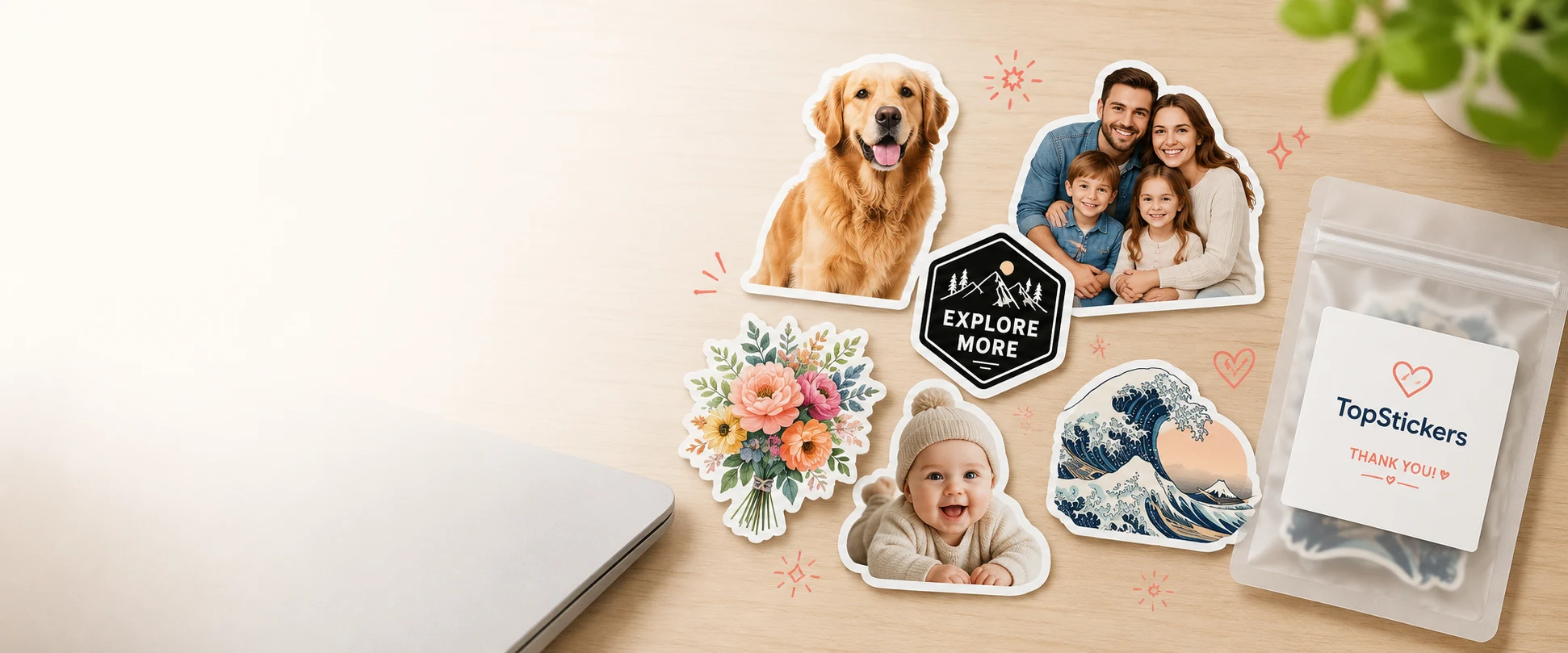 Finished custom stickers made from photos — a dog, a family, a logo, flowers, a baby and a wave — on a desk with a TopStickers pouch