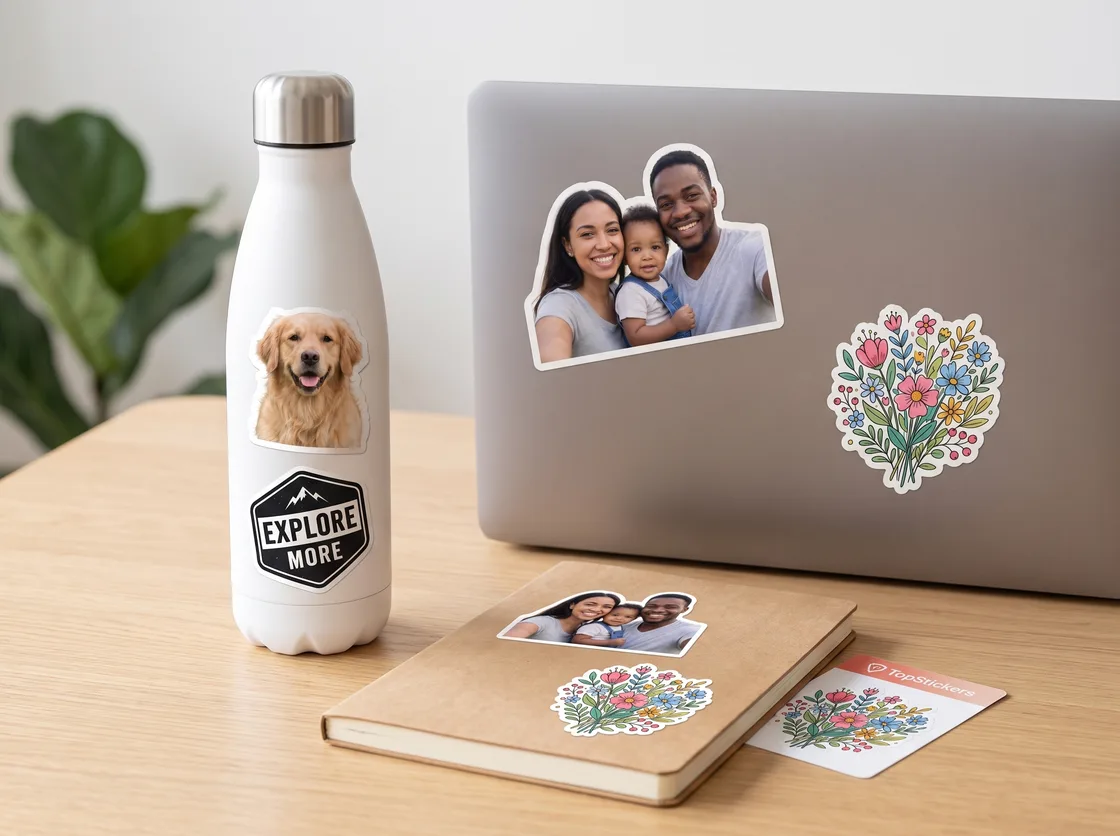 The finished printed sticker applied to a laptop, water bottle and notebook