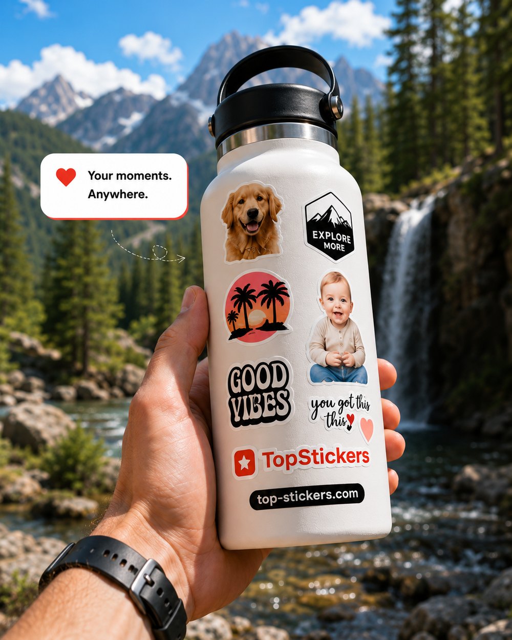 A custom photo sticker pack on a water bottle in the mountains